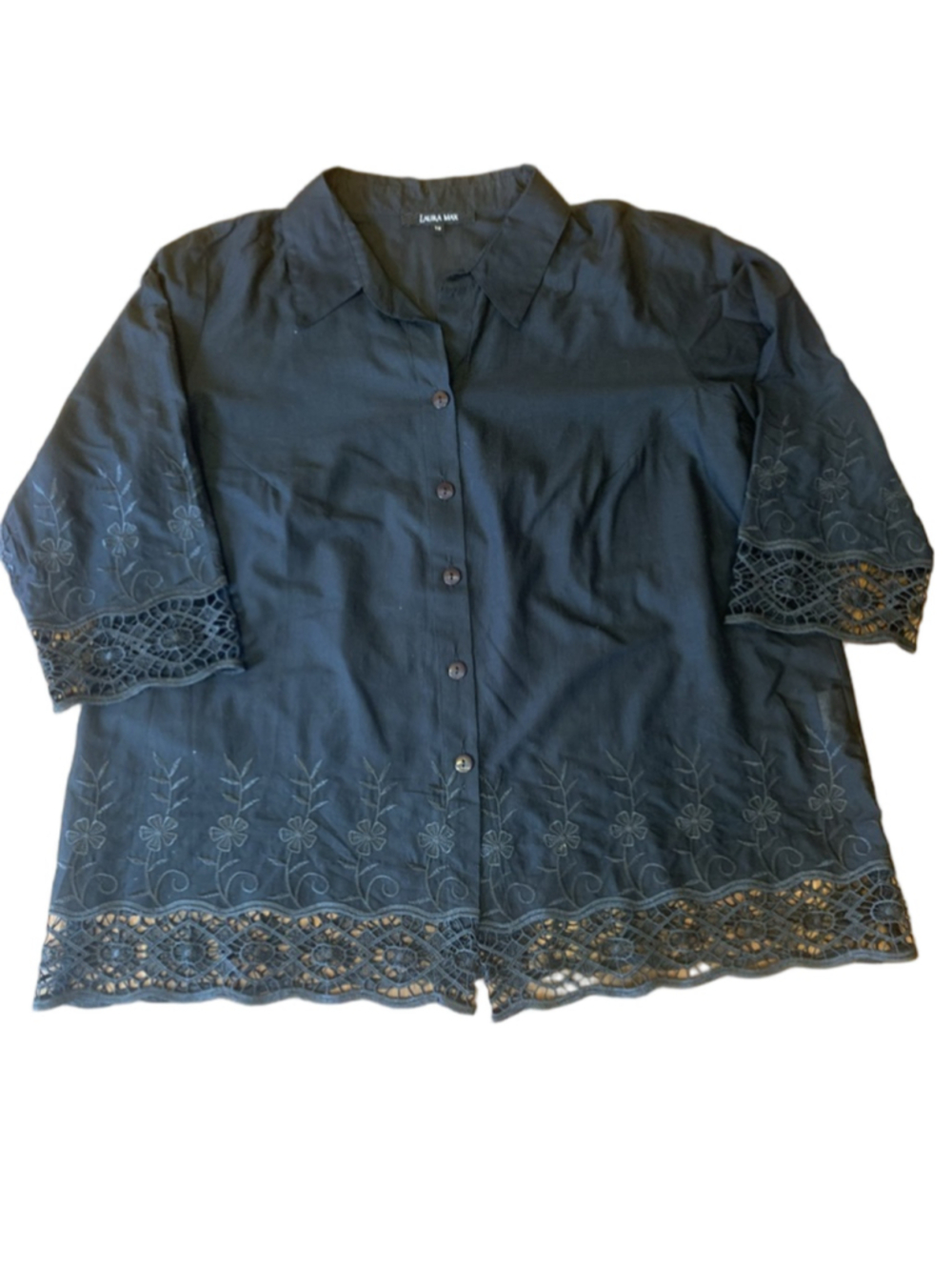 Laura Max Top 1X Black crochet and embroidered details